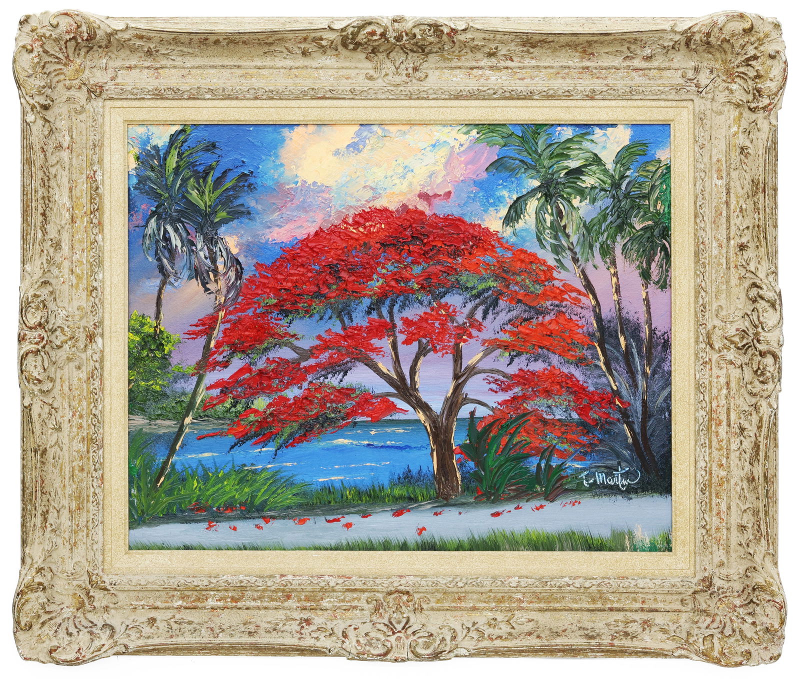 Todd Martin, Florida Artist, Poinciana on a Shady River, Oil on Canvas Painting: Artist, Year, Title: Todd Martin, Florida Artist, Poinciana on a Shady River Origin: Florida, USA Medium: Oil on board Dimensions: 27" x 23" with frame; 20" x 16