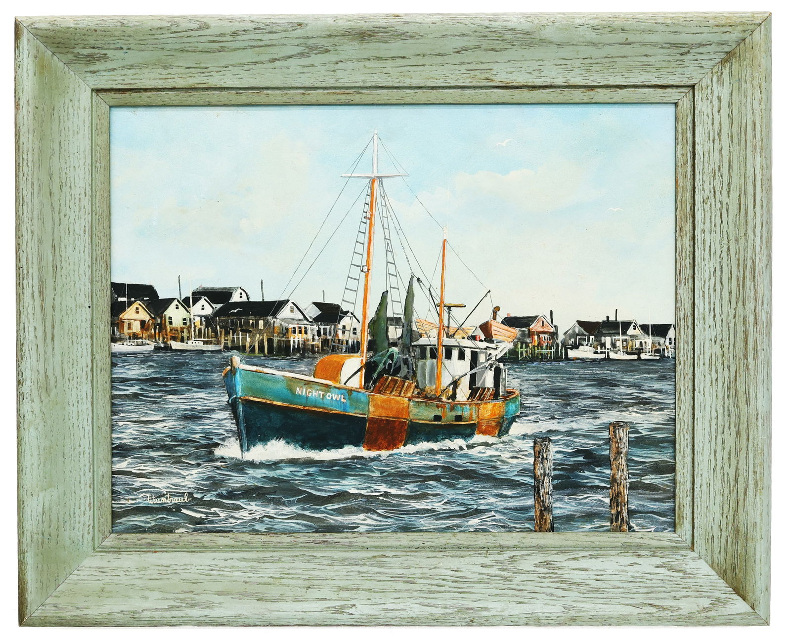 Herbert Weintraub (American, 1934-2019) Fishing Boat "Night Ow" in Harbor, Oil on Board Painting (1 of 4)