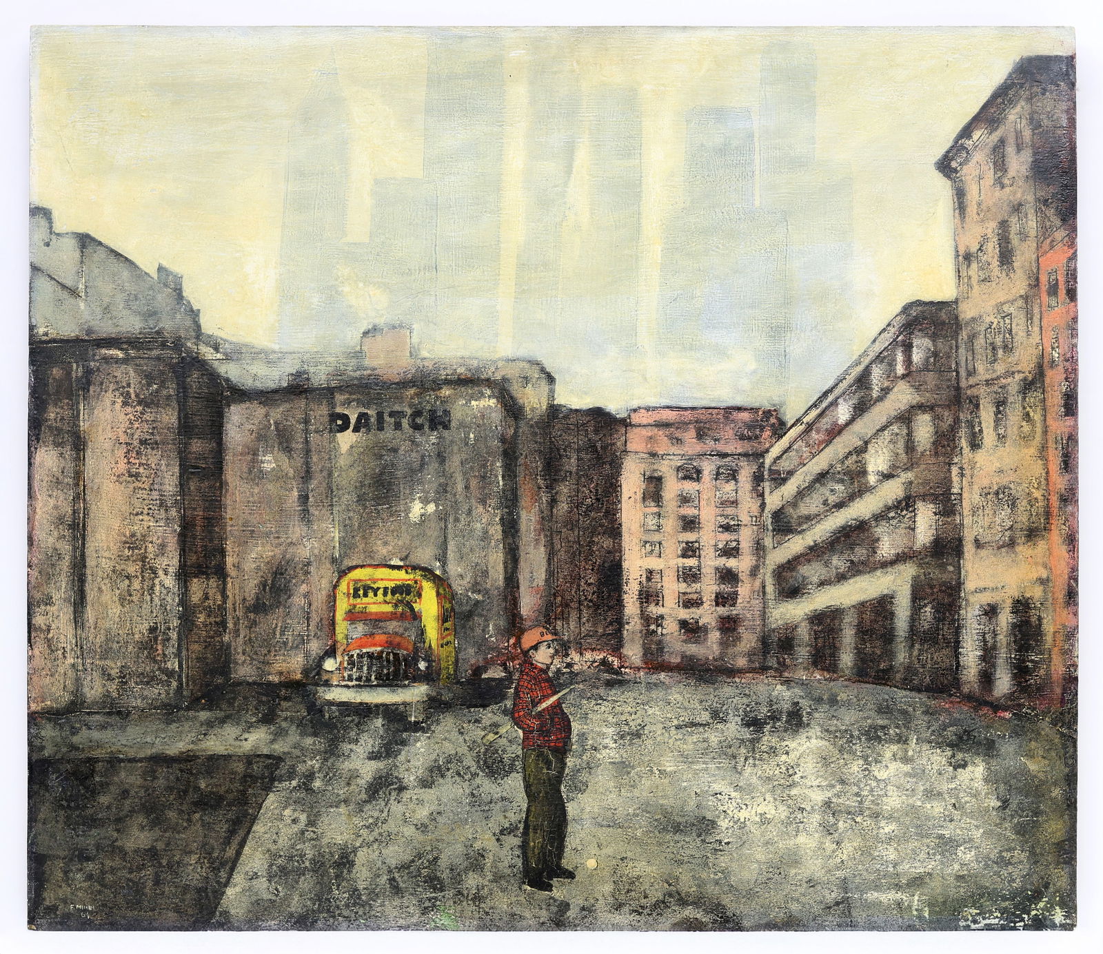 Franco Minei (Italian) Sunday in New York 1964, Tempera on Panel: Artist, Year, Title: Franco Minei (Italian), 1964, Sunday in New York Origin: Italy, United States Medium: Tempera on panel Dimensions: 27" x 23.5"