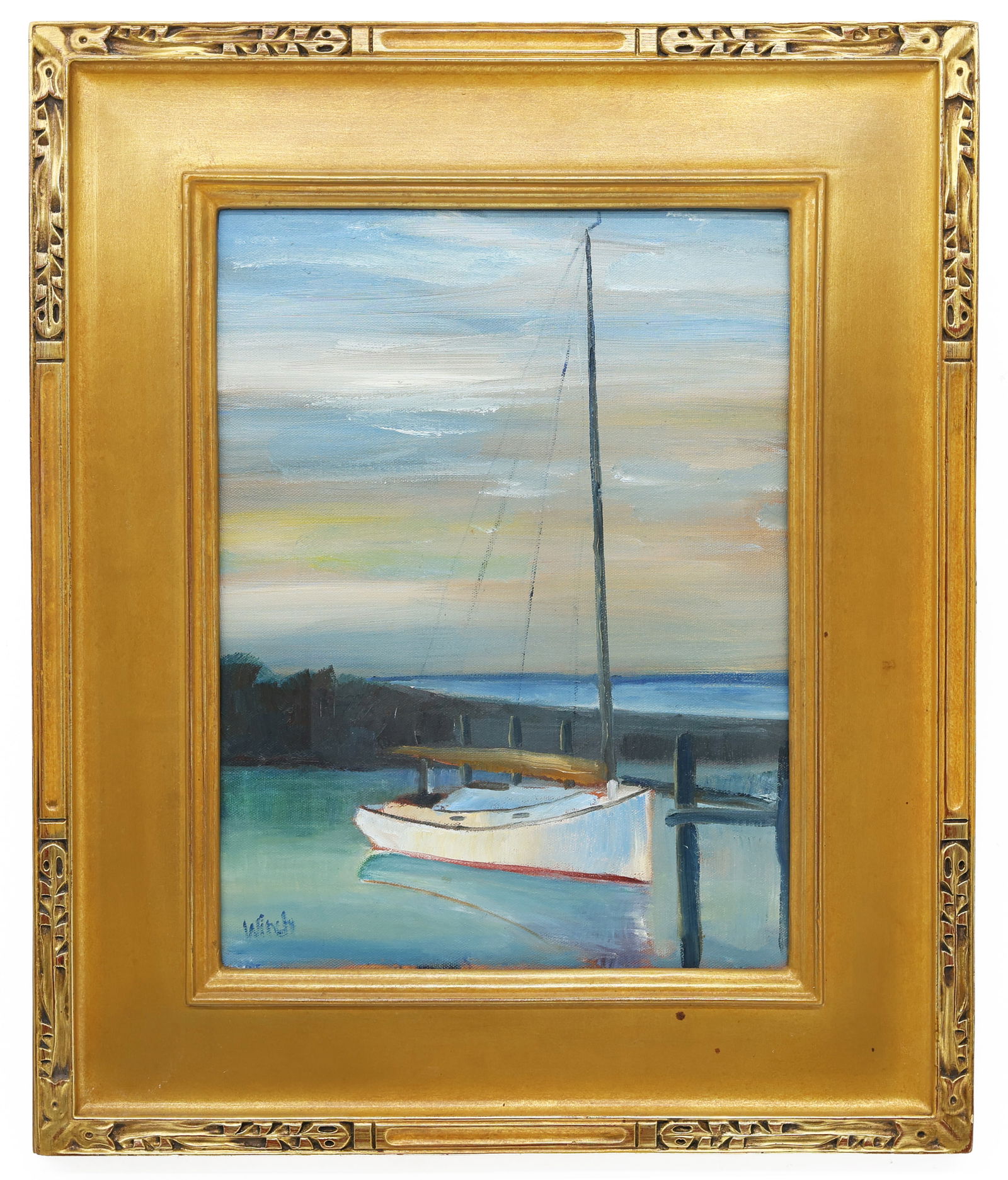 Sign "Winch", Sailboat at the Dock, Oil on Canvas Painting (1 of 4)