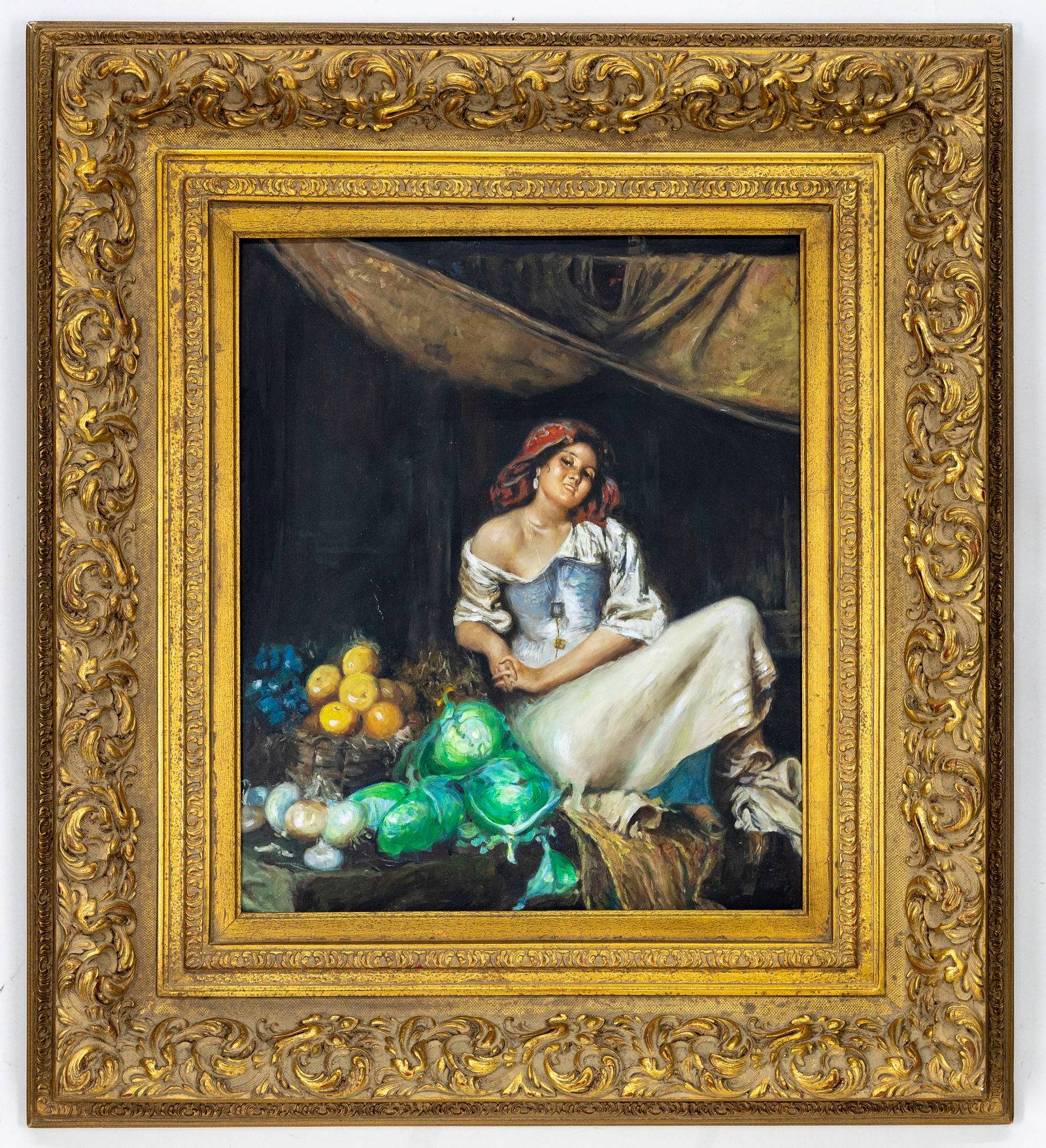 P. Norrad (20th Century), Gypsy Girl with Fruit, Oil on Canvas Painting: Artist, Year, Title: P. Norrad (20th Century), Gypsy Girl with Fruit, mid?20th century Medium: Oil on canvas Dimensions: Framed 34" ? 38"; unframed 20" ? 24" Provenance:<