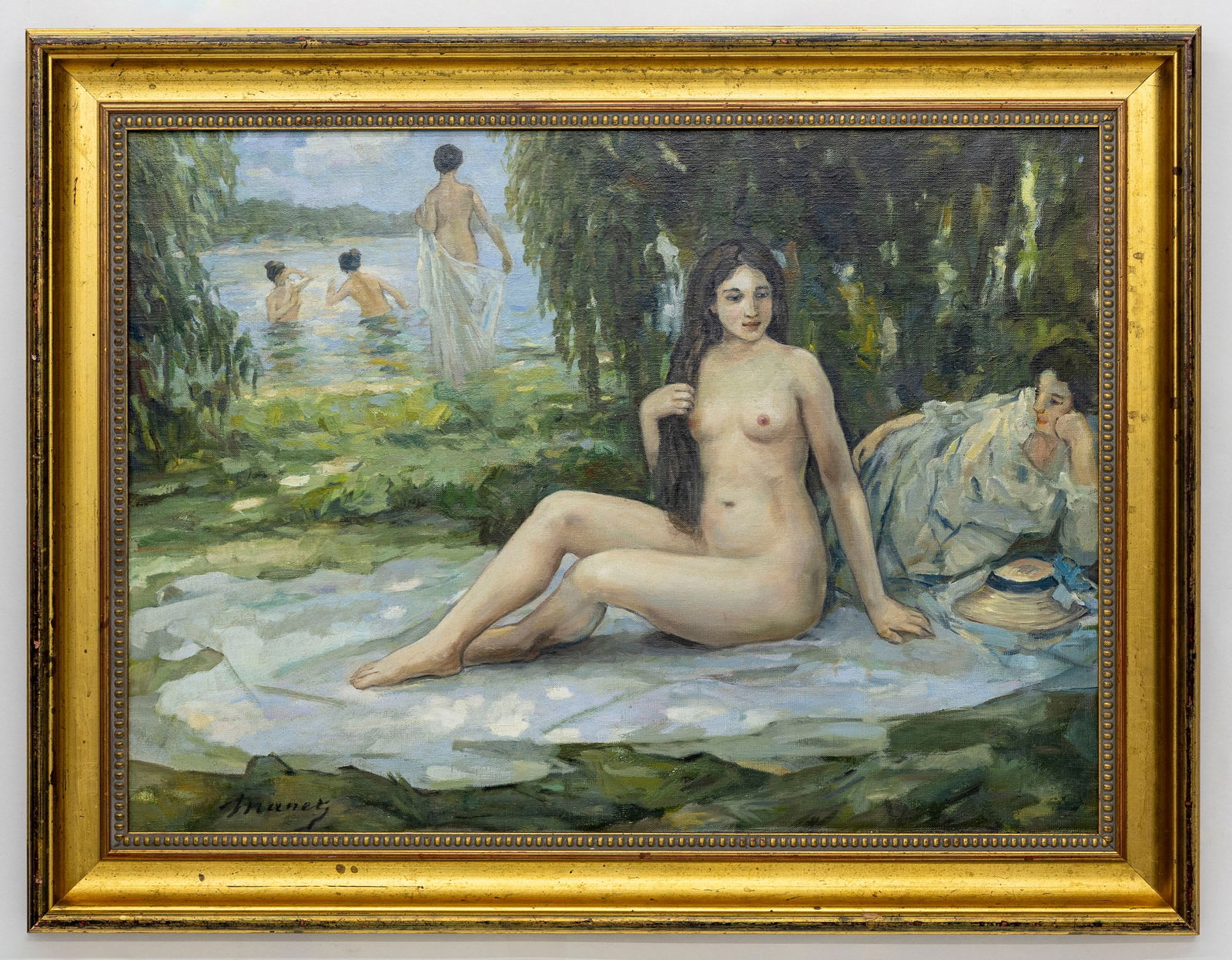 Signed Manet ? French European Painting Oil on Canvas: Artist, Year, Title: Manet? French, Bathers on the River bank Origin: Europe, French Medium: Oil on Canvas Dimensions: with frame 27.5"x 35.5"in, without frame 3