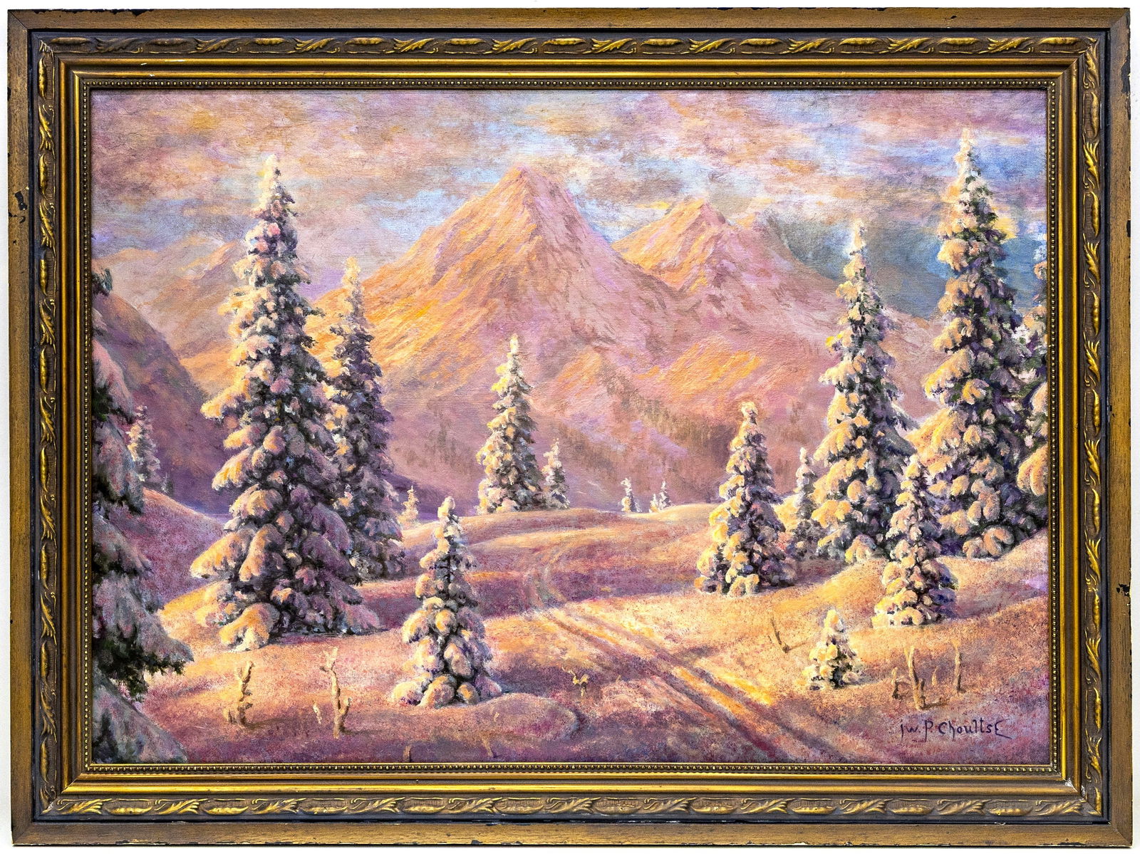 Russian Landscape, Signed Iw.P. Choultse?, Oil on Canvas Painting: Artist, Year, Title: Russian Landscape Signed Iw.P. Choultse Winter Landscape with Snow-clad Pines Period: Mid-20th Century Medium: Oil on Canvas Dimensions: 36