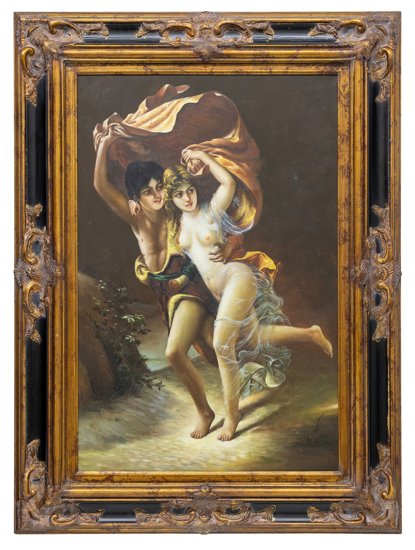 Vintage Oil Painting After Pierre-Auguste Cot (French), The Storm: Artist, Year, Title: After Pierre-Auguste Cot (French, 1837–1883), The Storm Medium: Printed canvas with oil overpainting Dimensions: 34.5" × 47" framed Prove