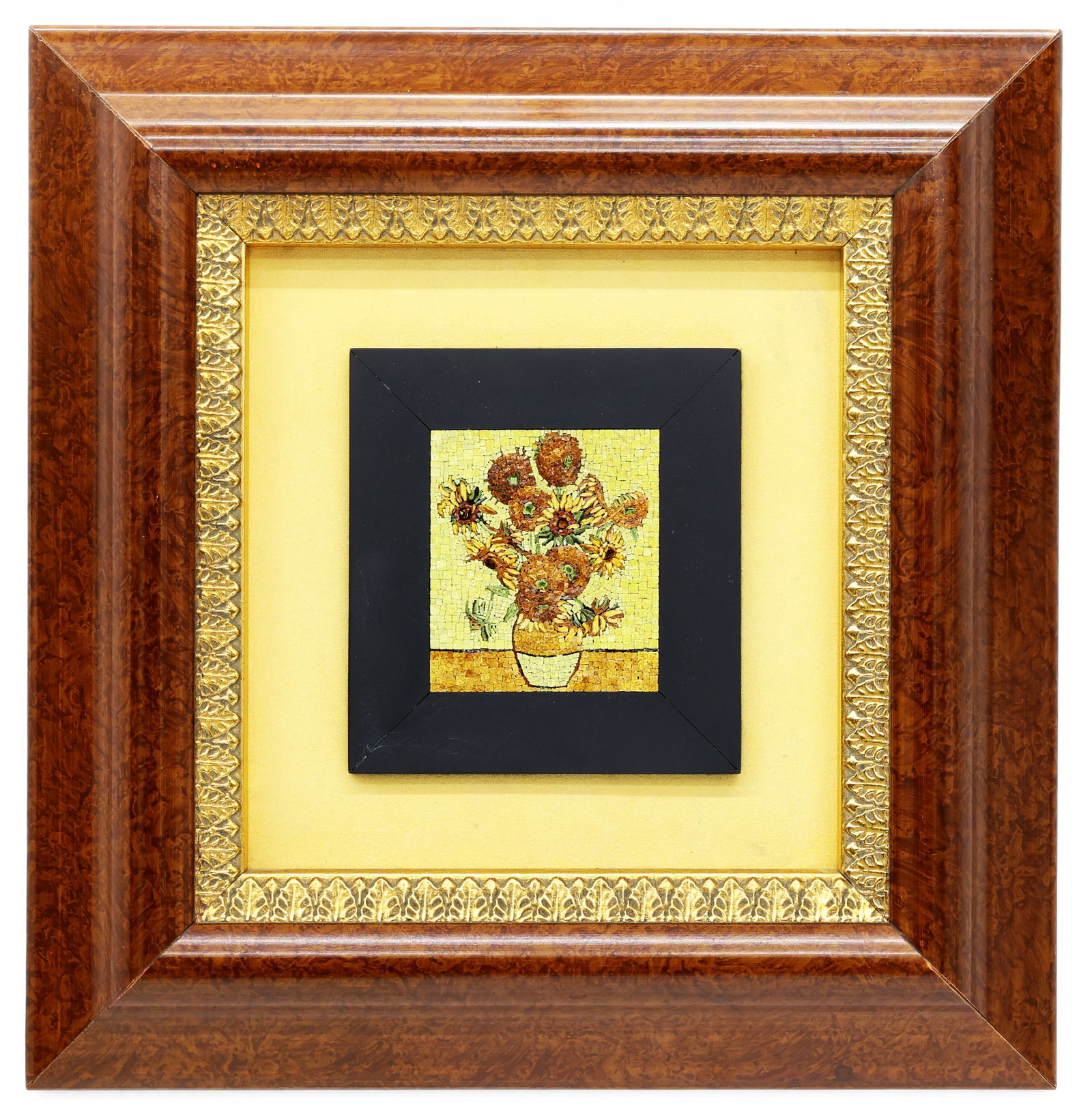 Mosaic After Van Gogh "Sunflowers": Title: Mosaic After Van Gogh “Sunflowers” Medium: Mosaic. Mixed Media Collage Dimensions: 14.5 x 15 in. framed Additional information: Signed on