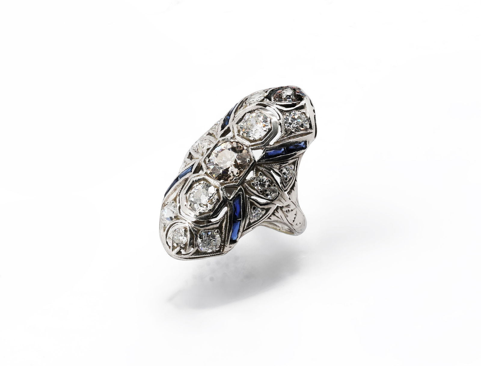 Art Deco Vintage 14K White Gold Diamond & Sapphire Ring (1 of 5)