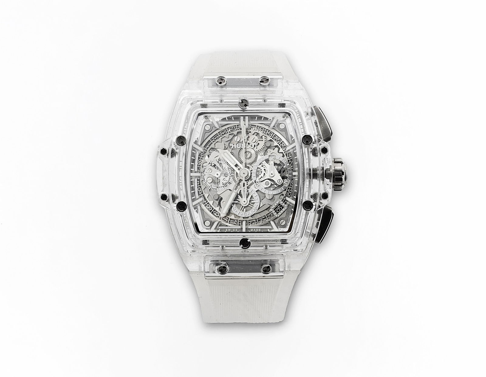 Hublot Spirit of Big Bang Sapphire Watch 42 mm Skeleton Dial White Lined Rubber Strap Ltd.: Brand: Hublot Model: Spirit of Big Bang Sapphire Reference Number: 641.JX.0120.RT Edition: Limited Edition (200 pieces) Country/Region of Manufactu