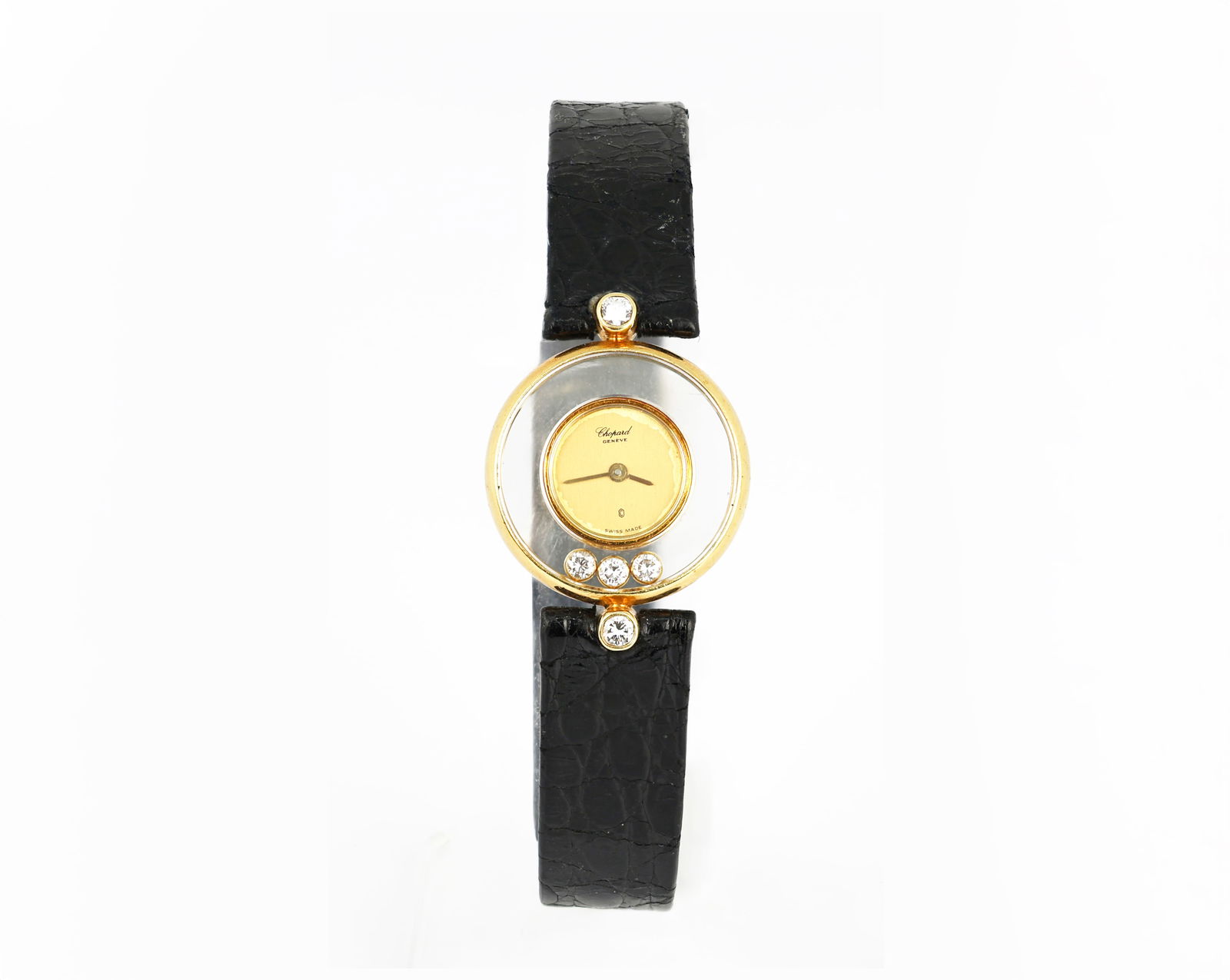 Chopard Happy Diamonds Ladies Watch, 18K Gold, Floating Diamonds, Circa 1990: Brand: Chopard Model: Happy Diamonds Period: Circa 1990 Movement: Quartz Case Material: 18K Yellow Gold Case Size:
