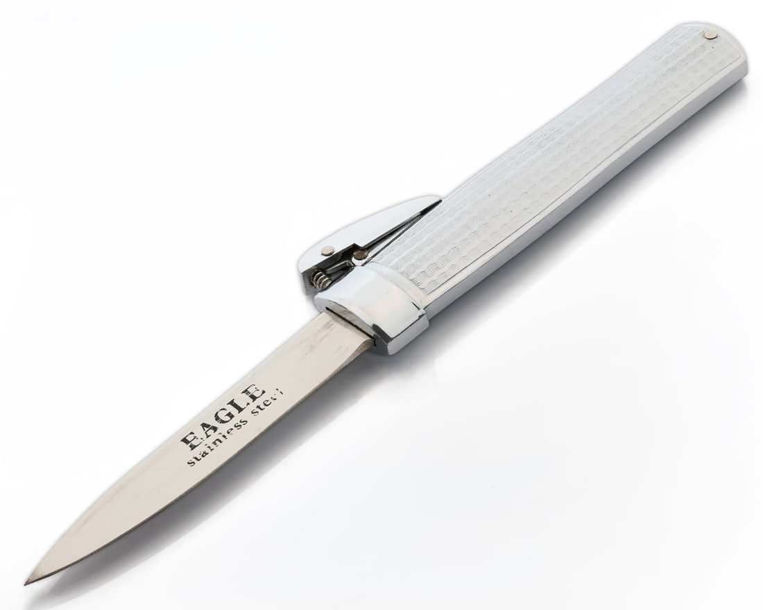 Eagle Stainless Steel Folding Knife: Title: Eagle Stainless Steel Folding Knife Material: Stainless steel Dimensions: 4.5" closed; 8.5" overall length when open Additional Information: Blade marked