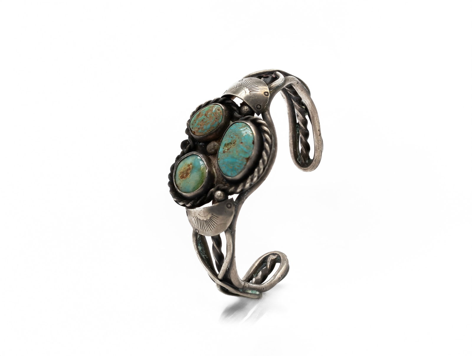 Navajo Native American Three-Stone Turquoise Silver Cuff Bracelet (1 of 5)