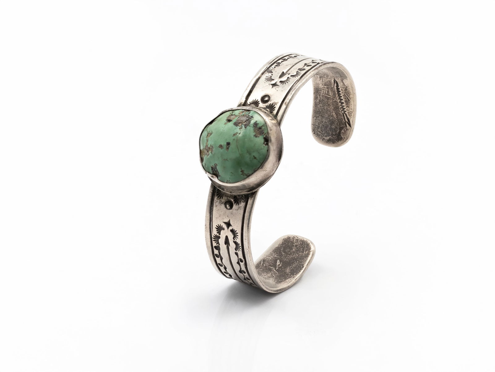 Navajo Native American Silver Cuff Bracelet with One Turquoise (1 of 5)