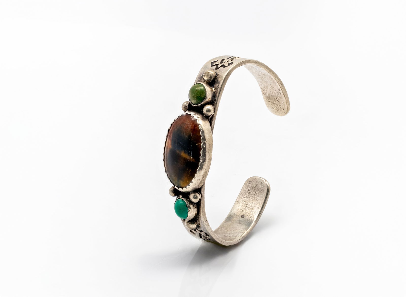 Navajo Native American Agate & Turquoise Silver Cuff Bracelet (1 of 5)