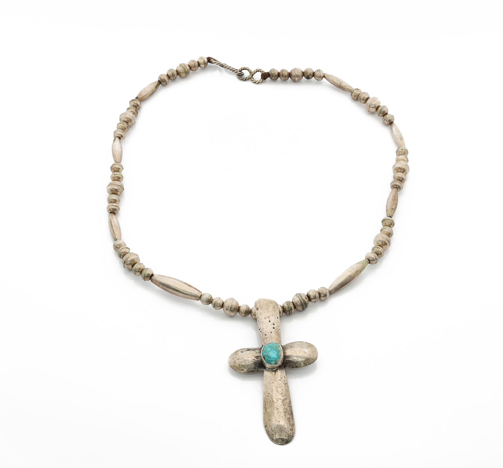 Navajo Native American Sterling Silver Beaded Necklace with Turquoise Cross Pendant (1 of 4)