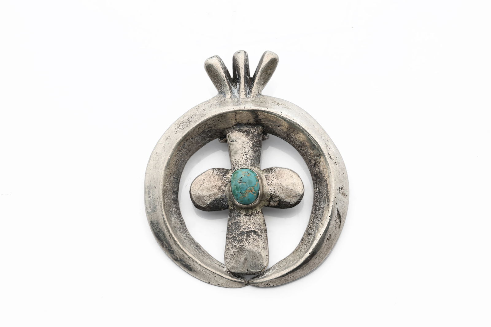 Navajo Native American Sterling Silver Cross Pendant with Turquoise in Circular Frame (1 of 4)