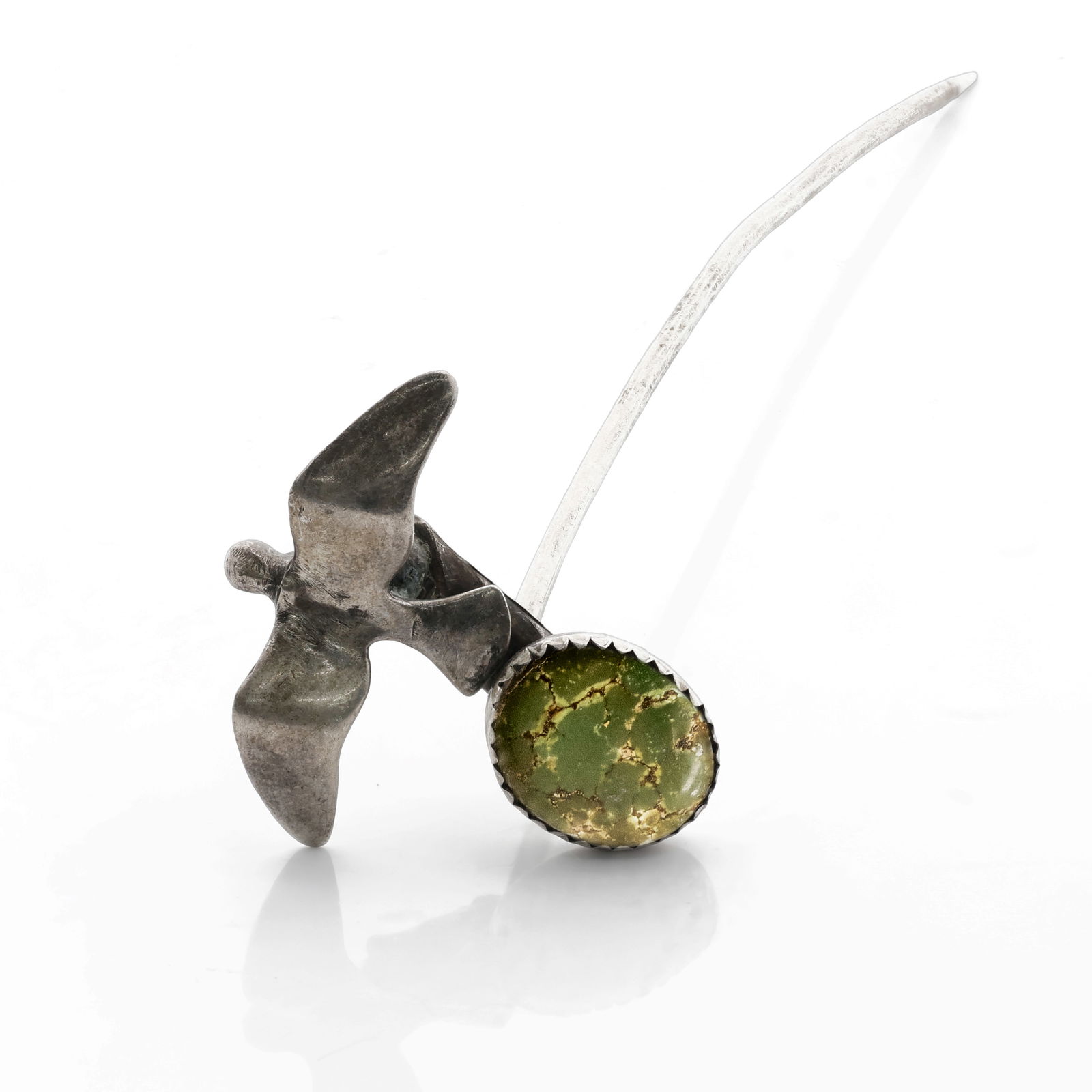 American Vintage Sterling Silver Bird & Turquoise Hair Pin: Title: American Vintage Sterling Silver Bird & Turquoise Hair Pin Material: Sterling silver, Natural turquoise Dimensions: 4" in length Weight: 6.53 grams