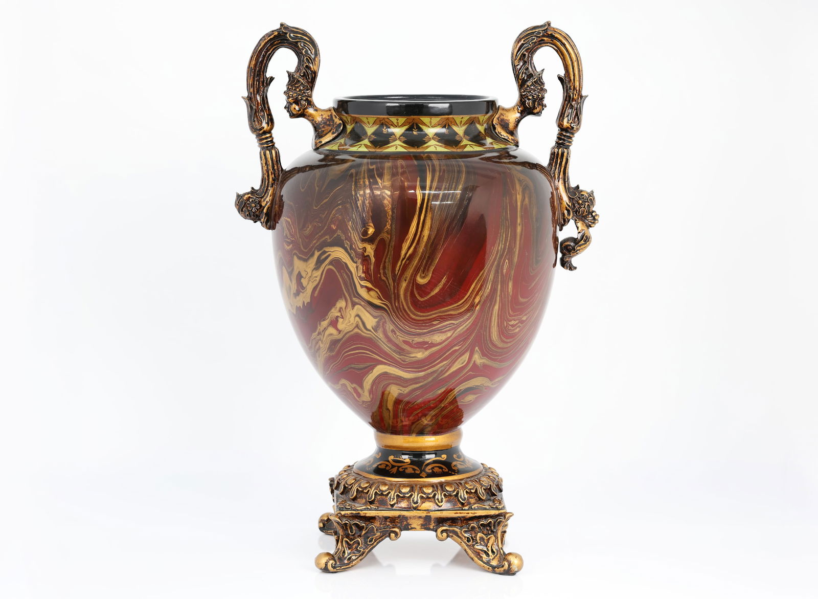 Vintage "Evander HolyField" Ornate Decorative Footed Urn with Handles: Title: Vintage "Evander HolyField" Ornate Decorative Footed Urn with Handles & Lid Dimensions: 14.25 in. H × 10.5 in. W × 8.5 in. D Material: Porcelain and Metal