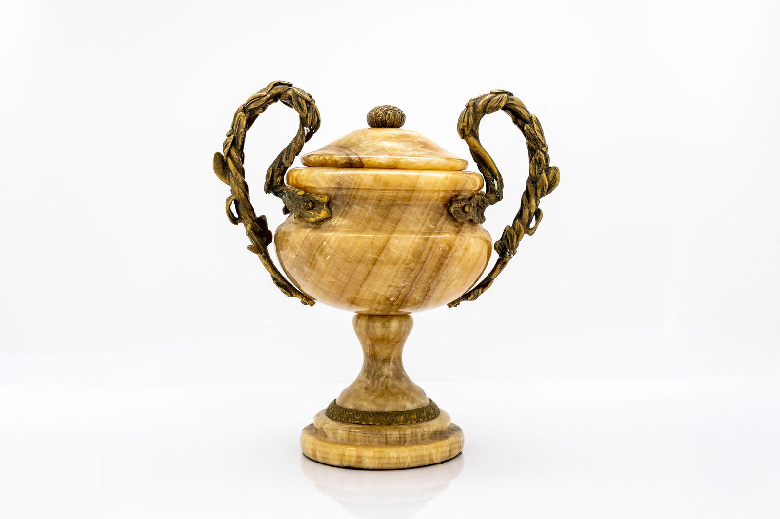 Vintage Solid Marble & Alabaster Urn Centerpiece with Ornate Brass Handles (1 of 8)