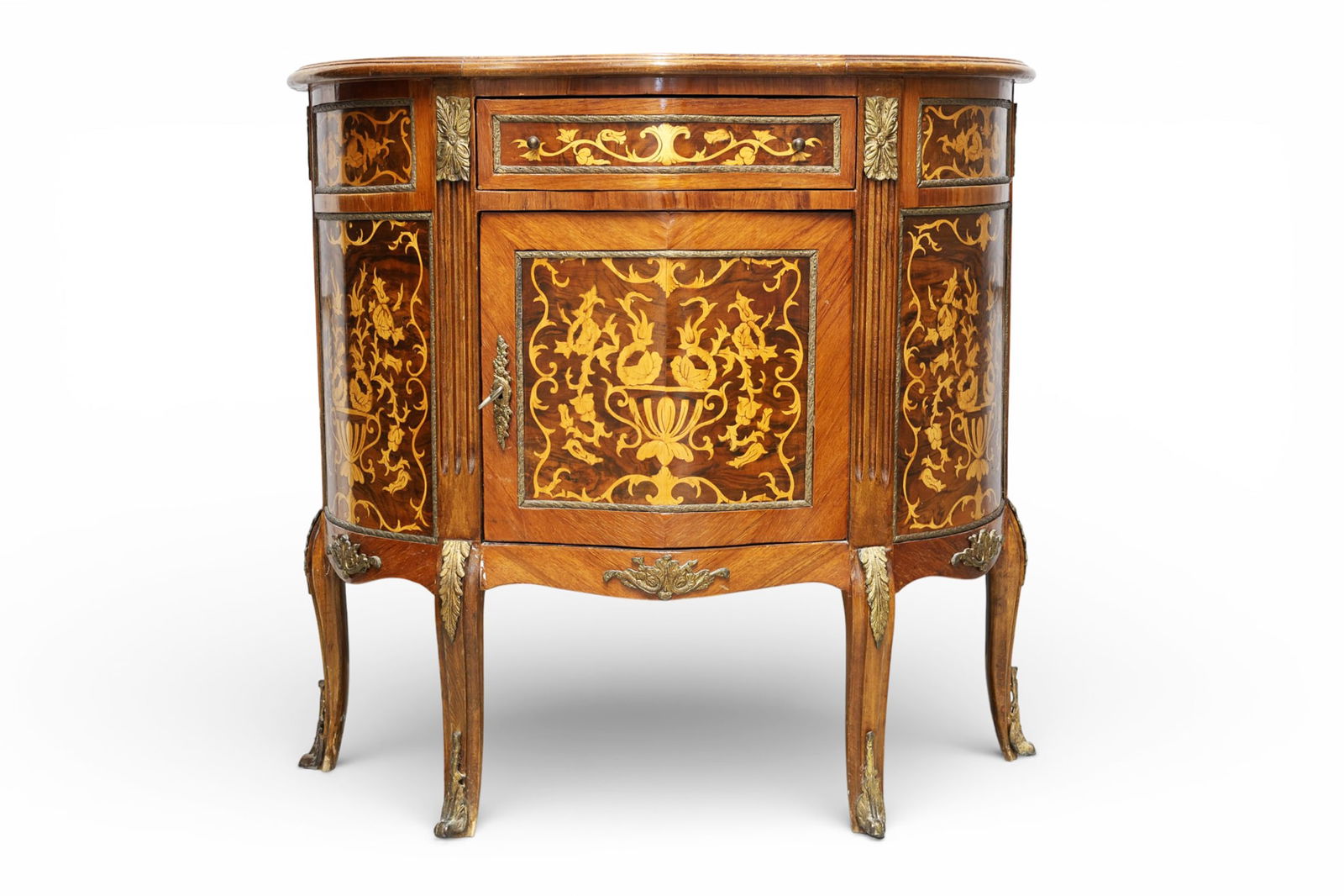 Louis XV/XVI Transitional-Style Marquetry Inlaid Demilune Cabinet (1 of 9)