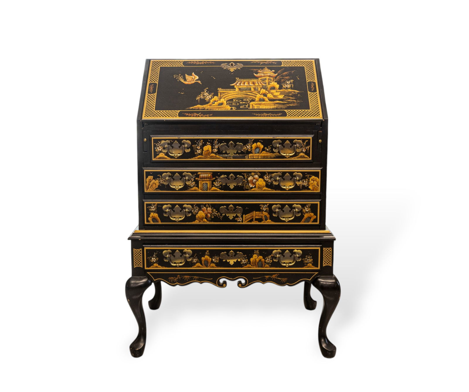 Vintage Black Lacquer Secretary Desk with Chinoiserie Decoration (1 of 8)