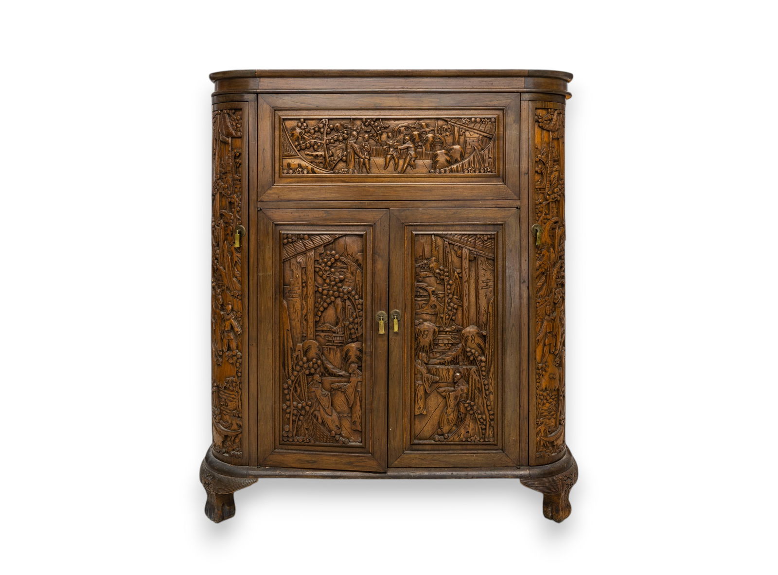 Chinese Hand-Carved Hardwood Bar Cabinet with Figural & Landscape Relief Panels (1 of 5)