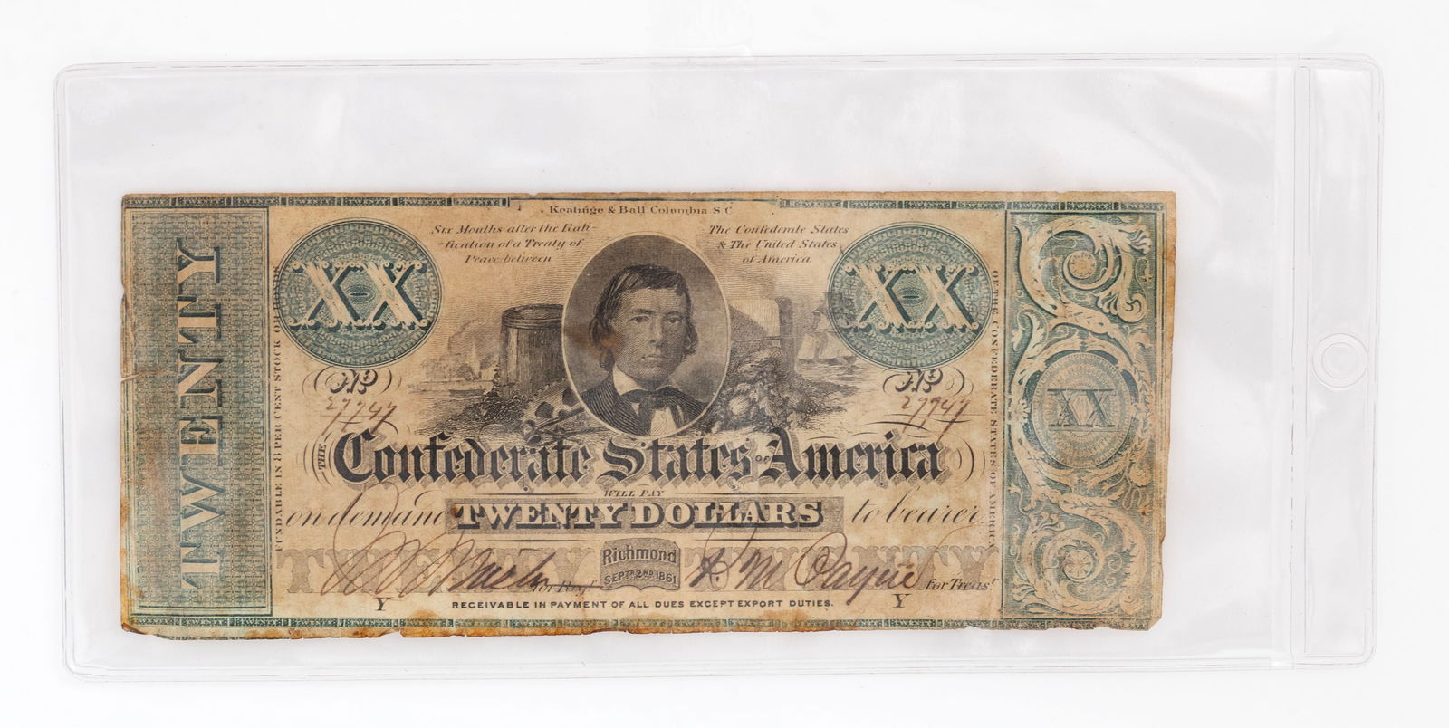 1861 Confederate States of America $20 Note. Richmond, September 2, 1861 (1 of 3)