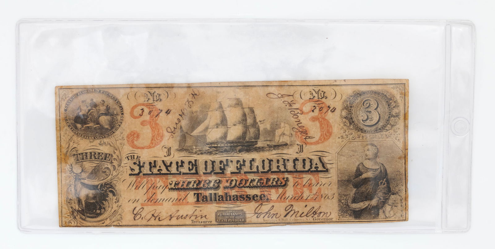 1863 State of Florida $3 Treasury Note Tallahassee (1 of 3)