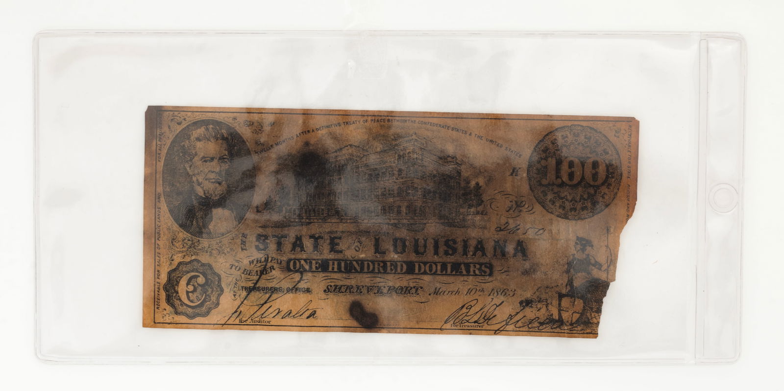 1863 State of Louisiana $100 Treasury Note. Shreveport, March 10, 1863 (1 of 3)
