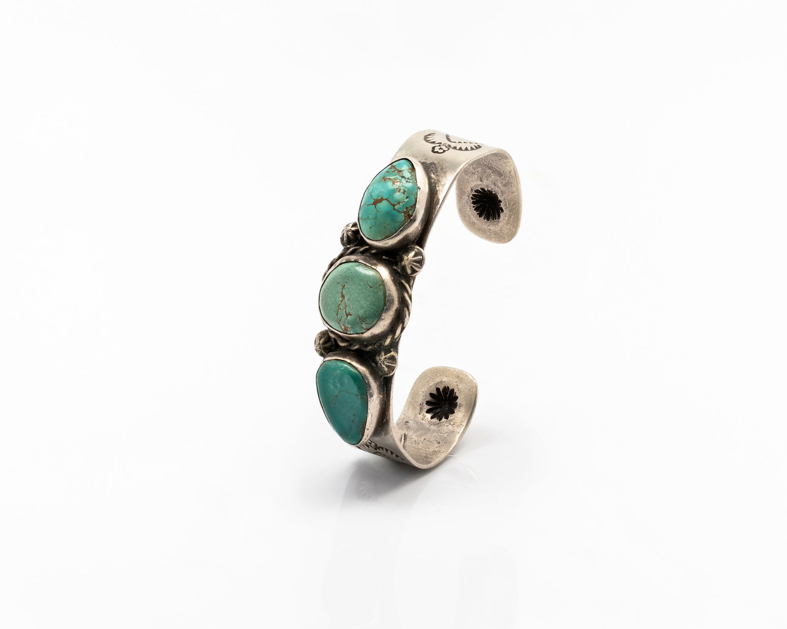 Navajo Silver Cuff Bracelet with Turquoise (Three Stones) (1 of 5)