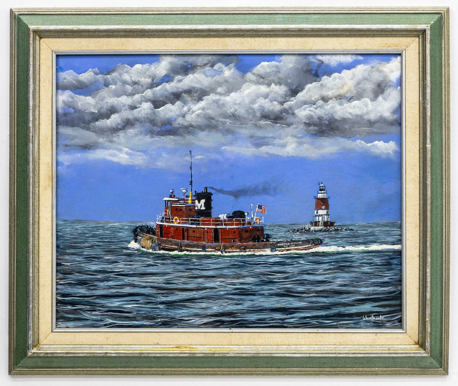 Herbert Weintraub (American, 1934-2019) Tugboat Martha Moran & Lighthouse, Oil on Canvas Painting: Artist, Year, Title: Herbert Weintraub (American, NY / Florida, 1934–2019), Tugboat “Martha Moran” and Lighthouse Medium: Oil on board Dimensions: Framed 25" x 21", unframed 20"