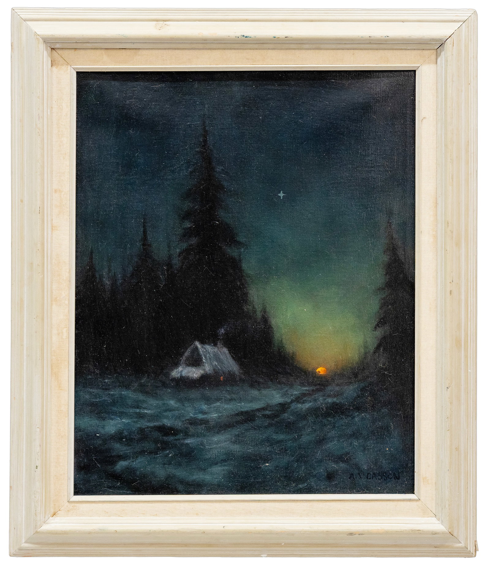 Sign A.J. Casson. Northern Landscape at Dusk, Oil on Canvas: Artist, Year, Title: Sign A.J. Casson. Northern Landscape at Dusk Medium: Oil on Canvas Dimensions: 25.5 x 21.5 in frame, 20 x 16 in canvas Provenance: Acquired