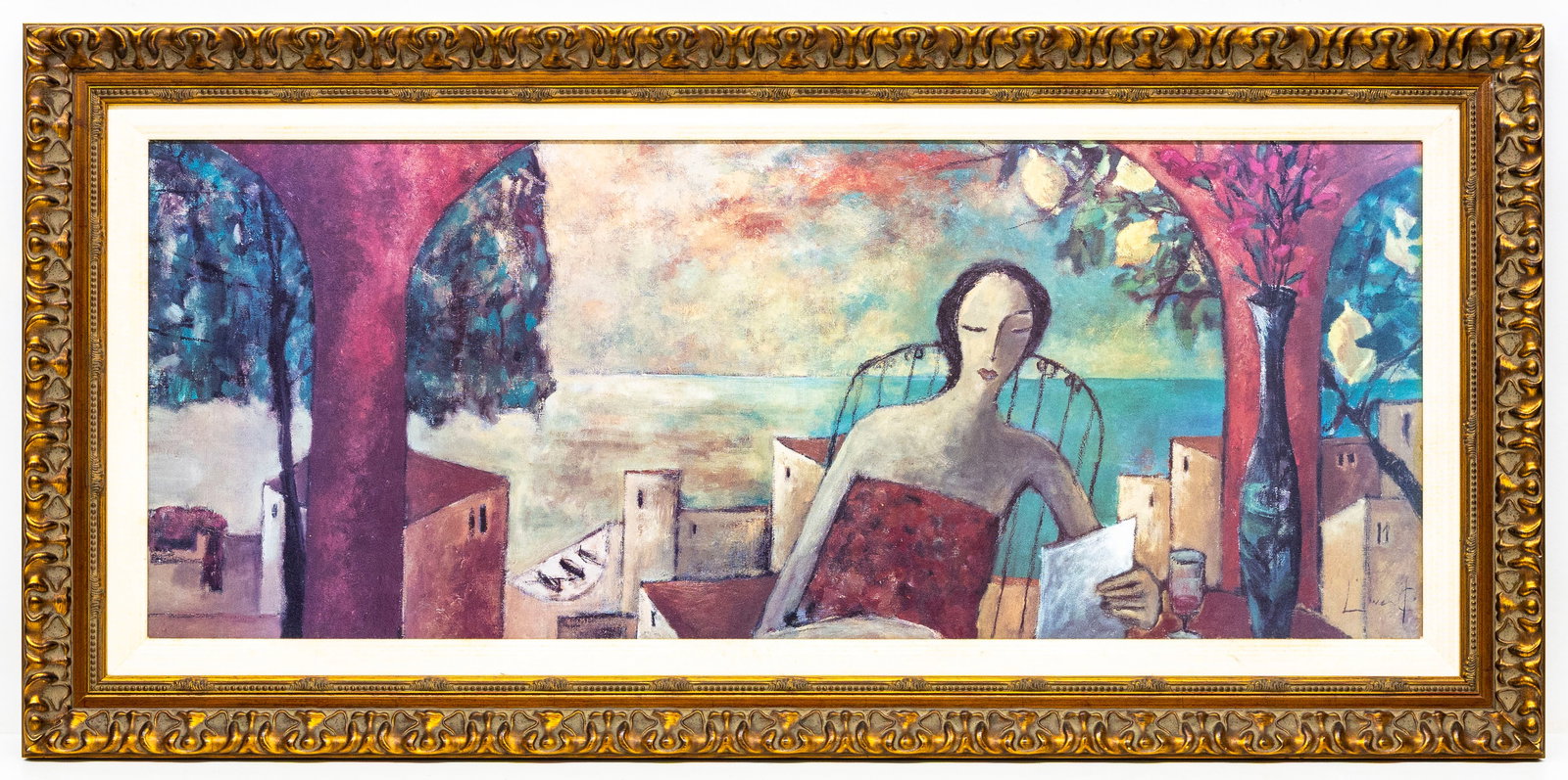 Didier Lourenco (Spanish, 1968-2022), Interior Rojo, Mixed Media on Board Painting: Artist, Year, Title: Lourenco (20th Century), Interior Rojo (Red Inside), late 20th century Medium: Mixed Media on Board Dimensions: Framed 39" x 16" Provenance: