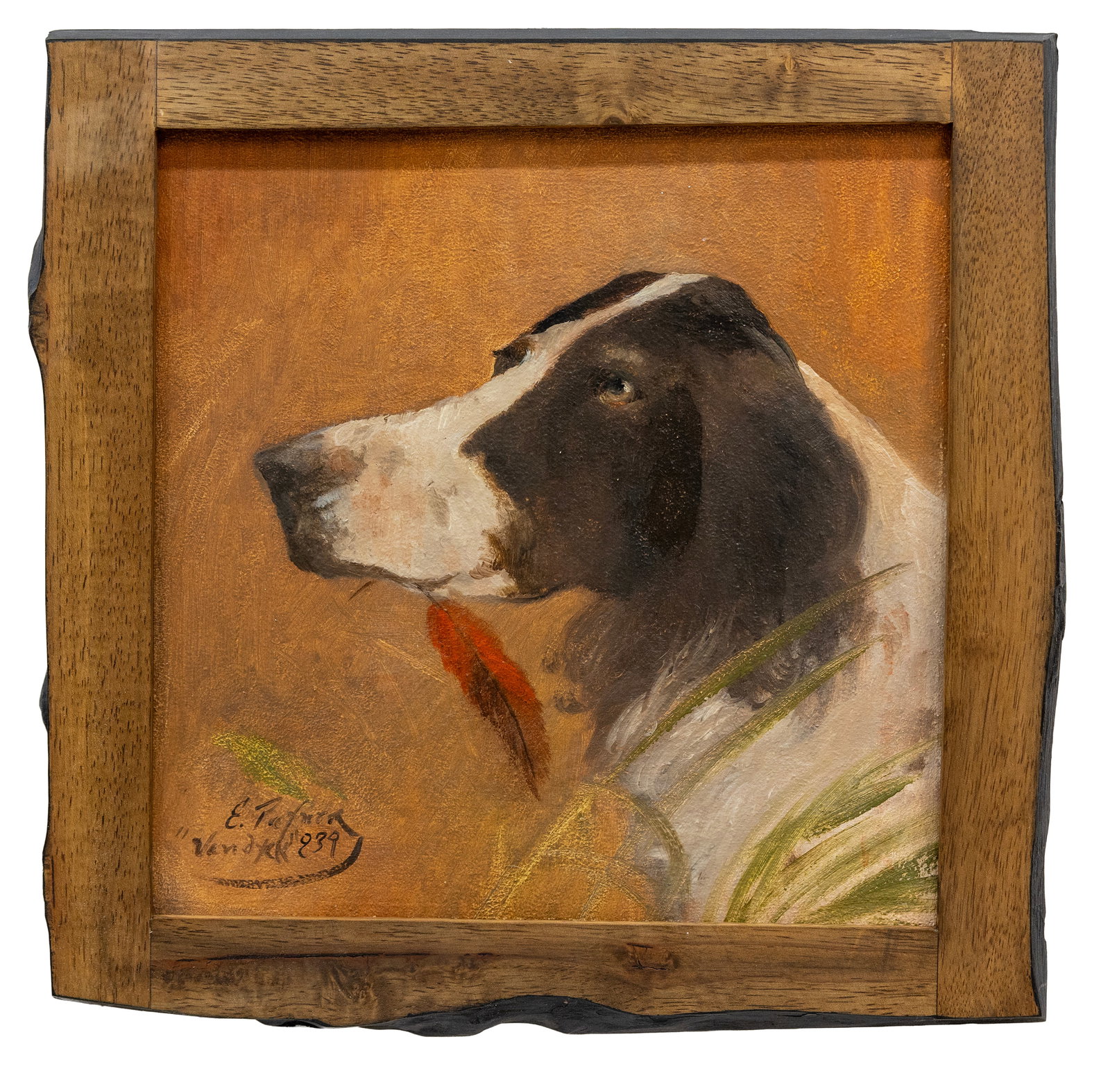 Signed E. Pafner "Van Dyck" 1939, Portrait of a Dog, Oil on Wood: Artist, Year, Title: Signed E. Pafner "Van Dyck" 1939, Portrait of a Dog, Oil on Wood Medium: Oil on panel Dimensions: Panel 12" x 12", Framed 15" x 14" Provenance: