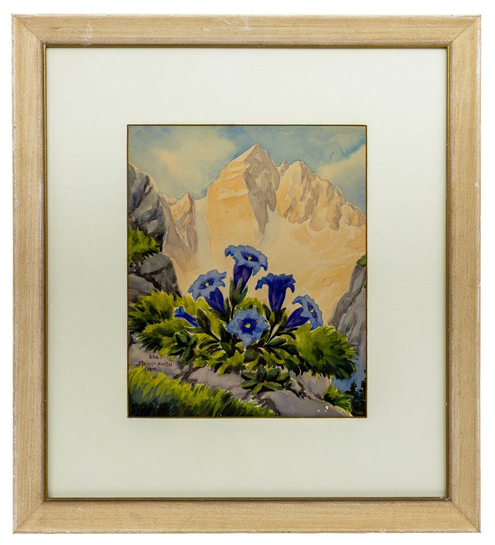 A. Stainer-Knittel (Austrian) Alpine Flowers with Mountain Landscape 1912, Watercolor on Paper: Artist, Year, Title: Anna Stainer-Knittel (Austrian, 1841–1915), Alpine Flowers with Mountain Landscape 1912 Medium: Watercolor on paper Dimensions: Sight 16" x 18" Prove