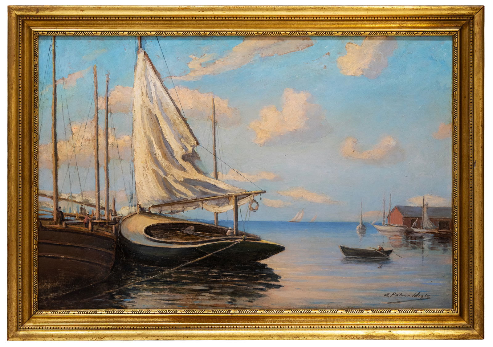 A. Palmer Wigle (Canadian/American) Harbor Scene with Sailboats, Oil on Masonite: Artist, Year, Title: Archie Palmer Wigle (Canadian/American, 1885–1963), Harbor Scene with Sailboats Medium: Oil on Masonite Dimensions: 28" x 40.5" framed Provenance: