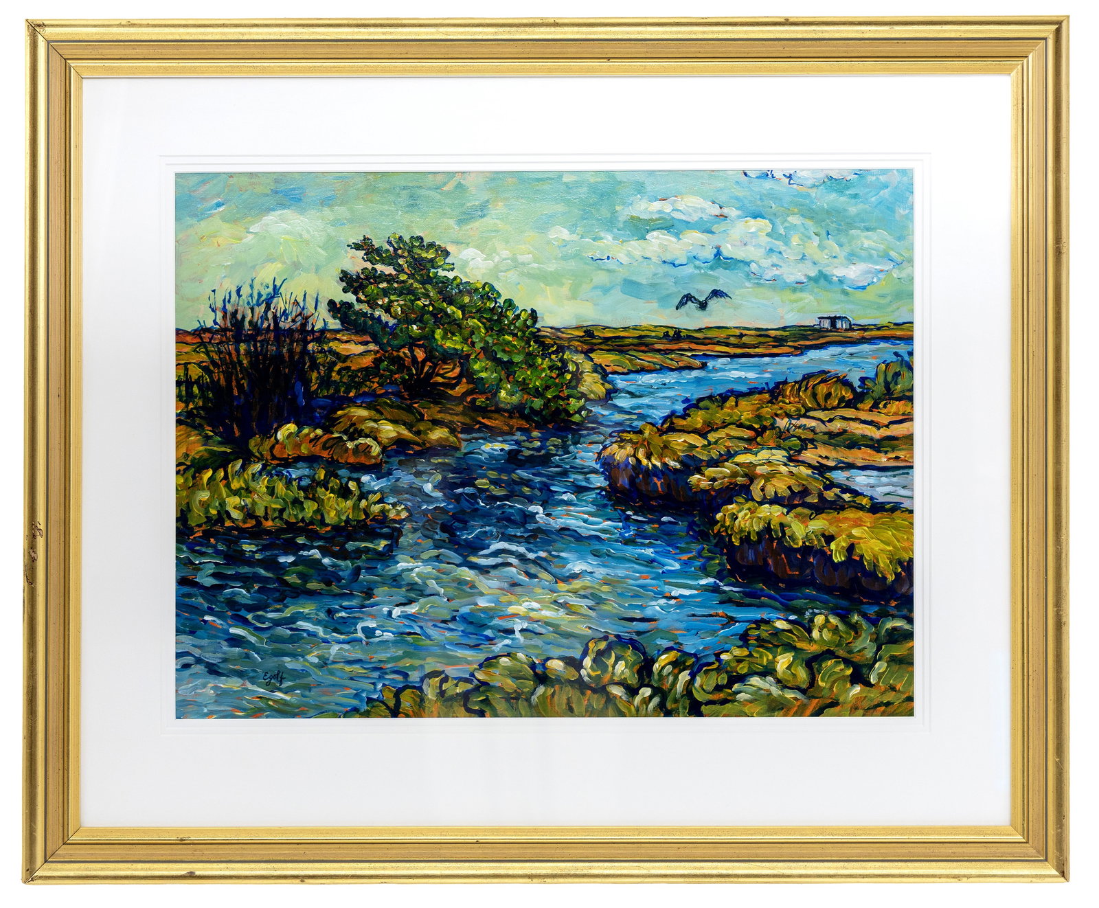 Paula M. Egolf, Contemporary, Landscape with River, Acrylic on Paper: Artist, Year, Title: Paula M. Egolf, Contemporary, Landscape with River Medium: Acrylic on paper Dimensions: Sight 17.5" x 22.5", Framed 28" x 33" Provenance: Pr