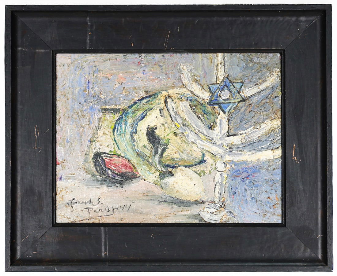 Joseph S. Judaica Still Life with Menorah, Paris 1944, Oil on Board Painting: Artist, Year, Title: Joseph S., "Judaica Still Life with Menorah”, Paris, 1944 Medium: Oil on board Dimensions: Unframed: 10 x 8 in. Framed: 13 x 14 in. Provenance: