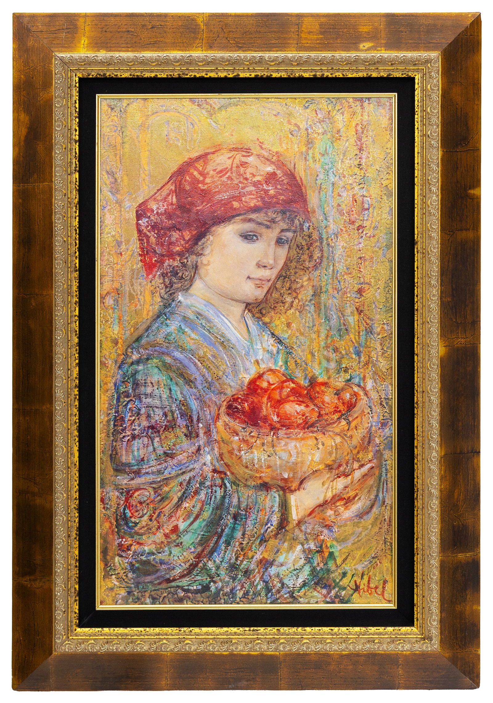 Attr to Edna Hibel (American) Girl with Apples, Oil on Canvas (1 of 4)