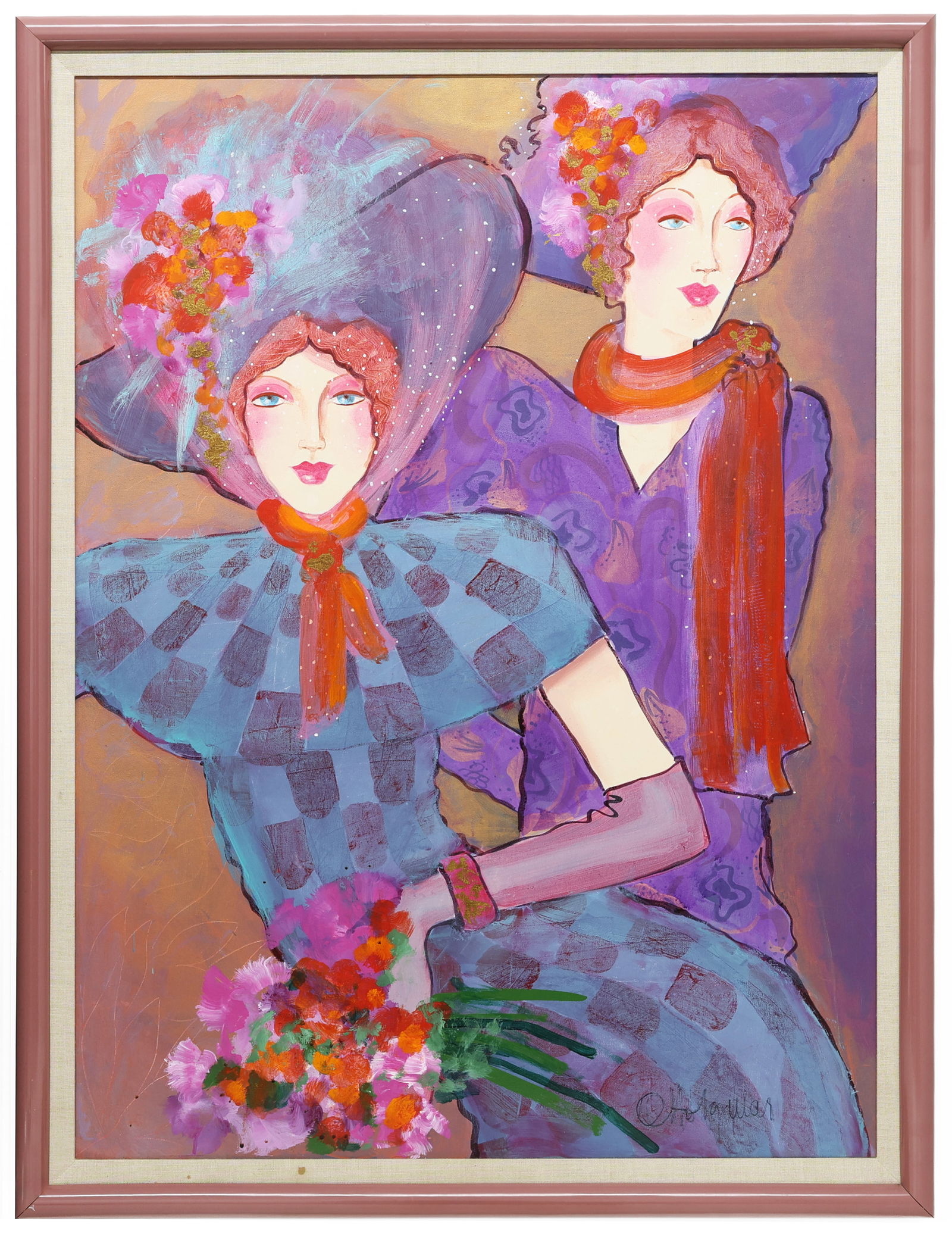 Two Ladies with Bouquet, Oil on Canvas Painting: Artist, Year, Title: Two Ladies with Bouquet Origin: United States Medium: Oil on canvas Dimensions: 49" x 38" Provenance: Private collect