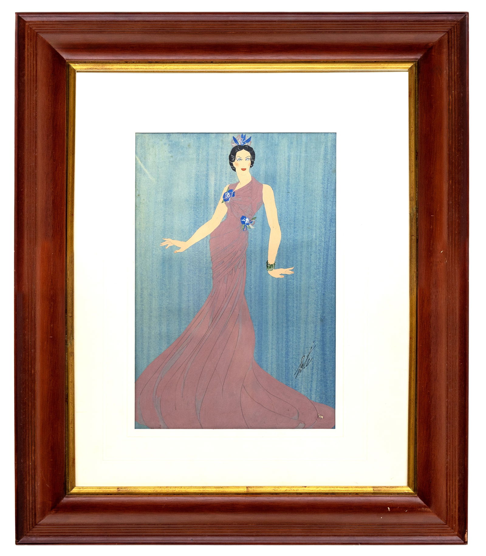 Art Deco Style Painting, Mixed Media on Paper: Artist, Year, Title: Art Deco Fashion Illustration Medium: Mixed media on paper Dimensions: 20.5" x 24.5" with frame Provenance: Private collection