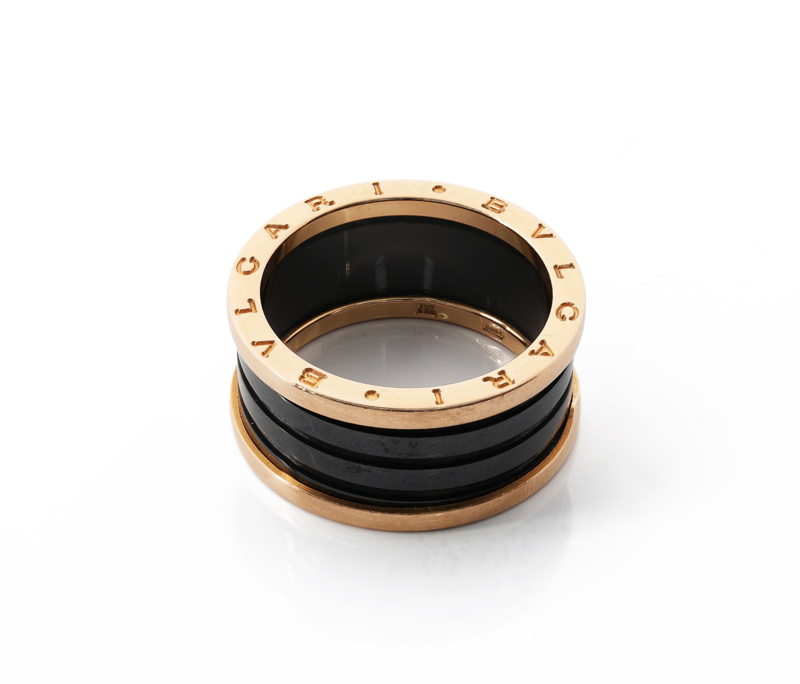 Bvlgari B. Zero1 Four Band Ring 18K Rose Gold Black Ceramic: Brand: Bvlgari B. Zero1 (introduced 1999) Material: 18K Rose Gold (AU 750) & Black Ceramic Hallmarks: "66 AU 750" Serial Number: CXEYMM Size: