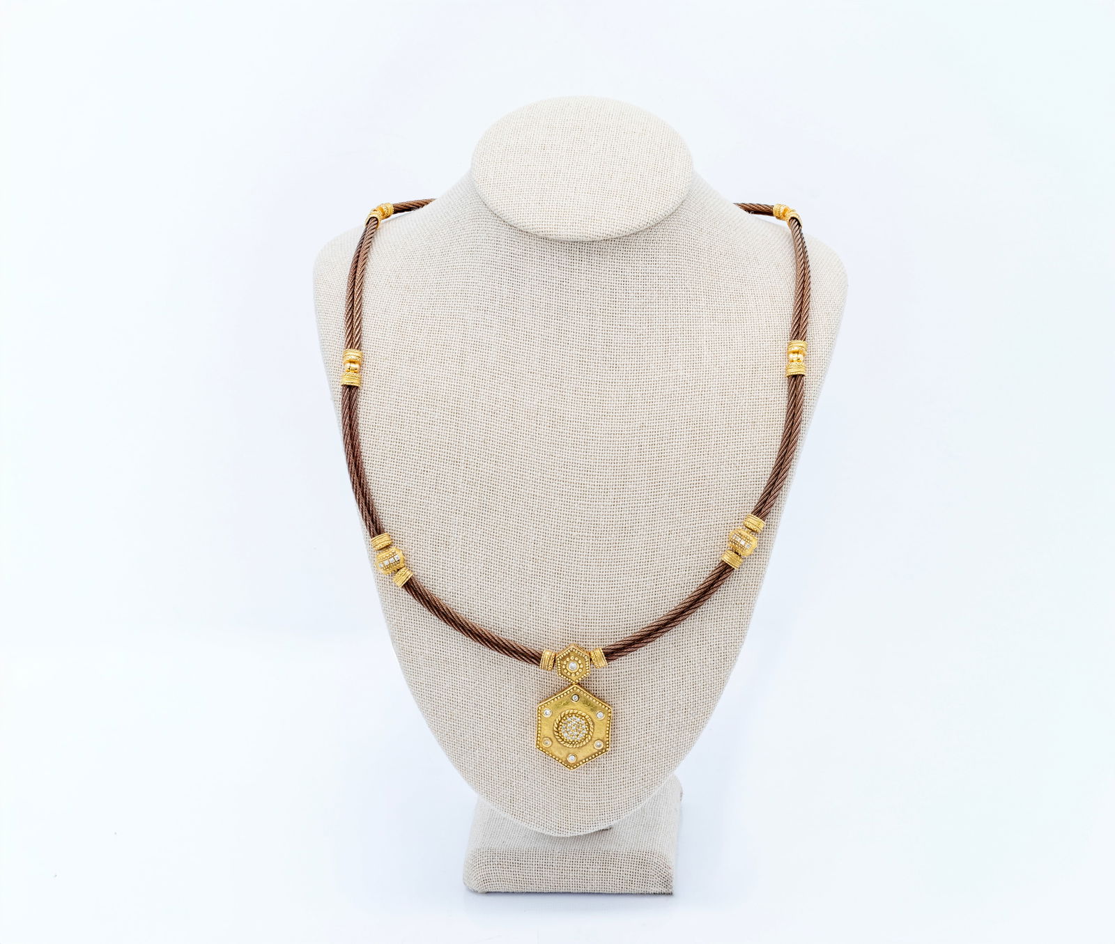 Charriol Geneve 18K Gold & Bronze Cable Necklace with Diamond Medallion: Title: Charriol Geneve 18K Gold & Bronze Cable Necklace with Diamond Medallion Origin: Switzerland Material: 18K rose gold and bronze cable, accented with diamonds Dimens