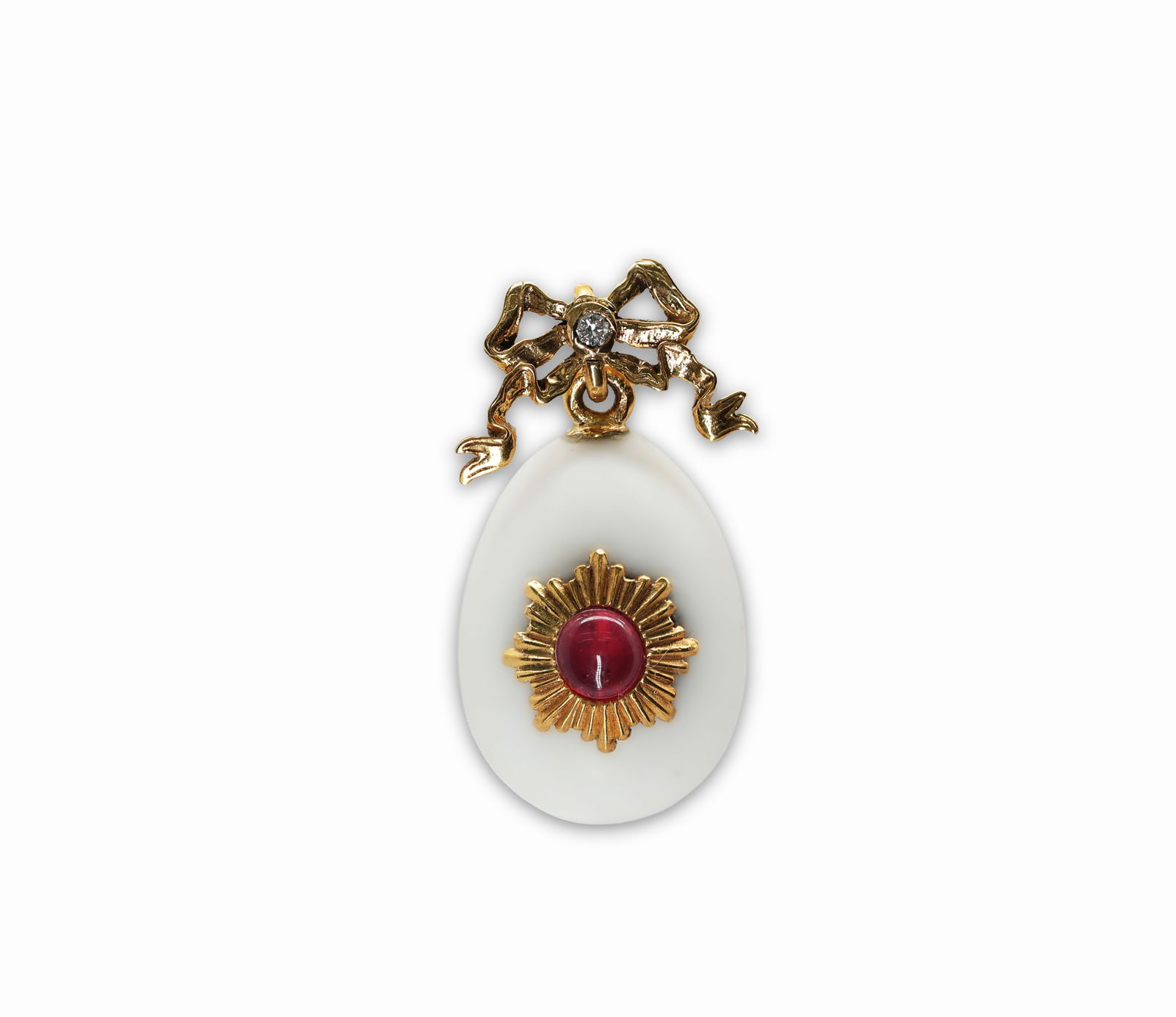 Russian Imperial Faberge Era 14K Gold Egg Pendant Diamond & Ruby Cacholong (1 of 12)