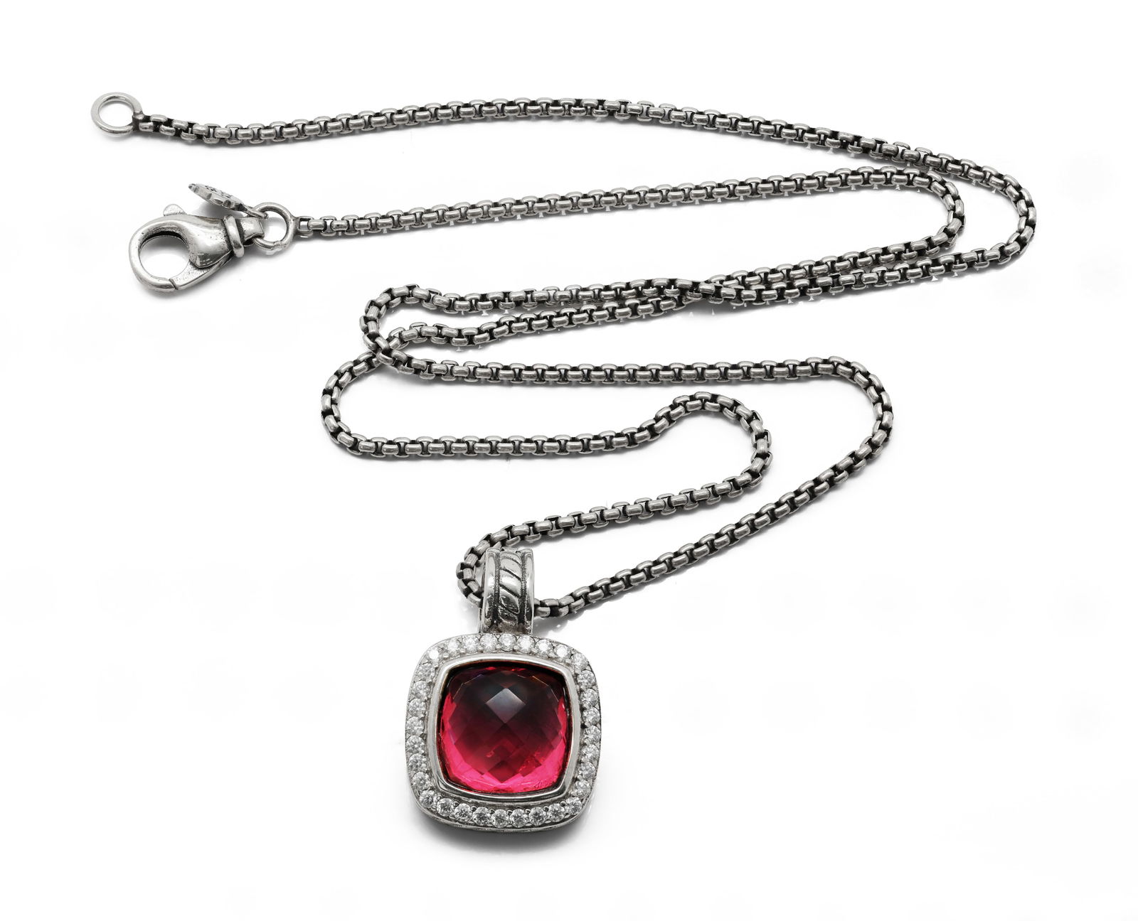 David Yurman, Albion Sterling Silver Necklace 20mm Pink Tourmaline Diamond (1 of 6)