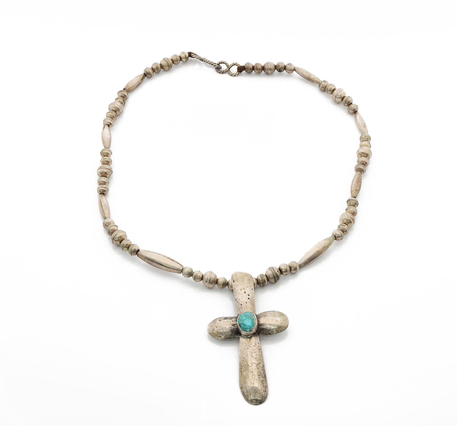 Navajo Native American Sterling Silver Beaded Necklace with Turquoise Cross Pendant: Title: Navajo Sterling Silver Beaded Necklace with Turquoise Cross Pendant Material: Sterling Silver, Natural Turquoise Dimensions: Cross pendant 71.50 × 39.77 mm; Necklace length 19 i