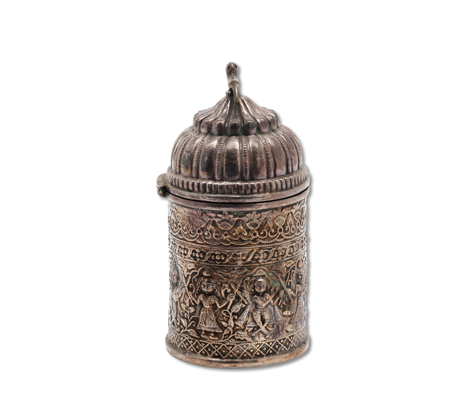 Antique Silver Cylindrical Box with Hinged Lid & Figural Relief Decoration (1 of 8)