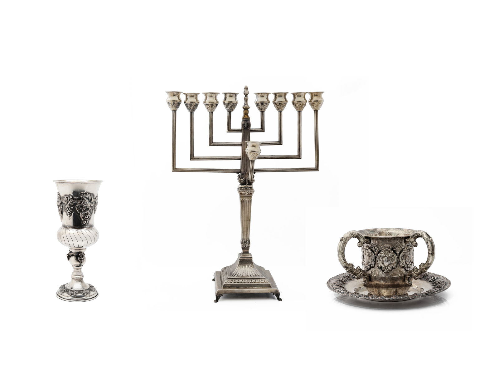 Set of Sterling Silver Judaica & Decorative Table Articles, incl. Hanukkah Menorah and Hazorfim Cup: Title: Group of Sterling Silver Judaica & Decorative Table Articles, incl. Hanukkah Menorah and Hazorfim Cup & Plate Material: Sterling Silver (.925) Lot Composition: A diverse