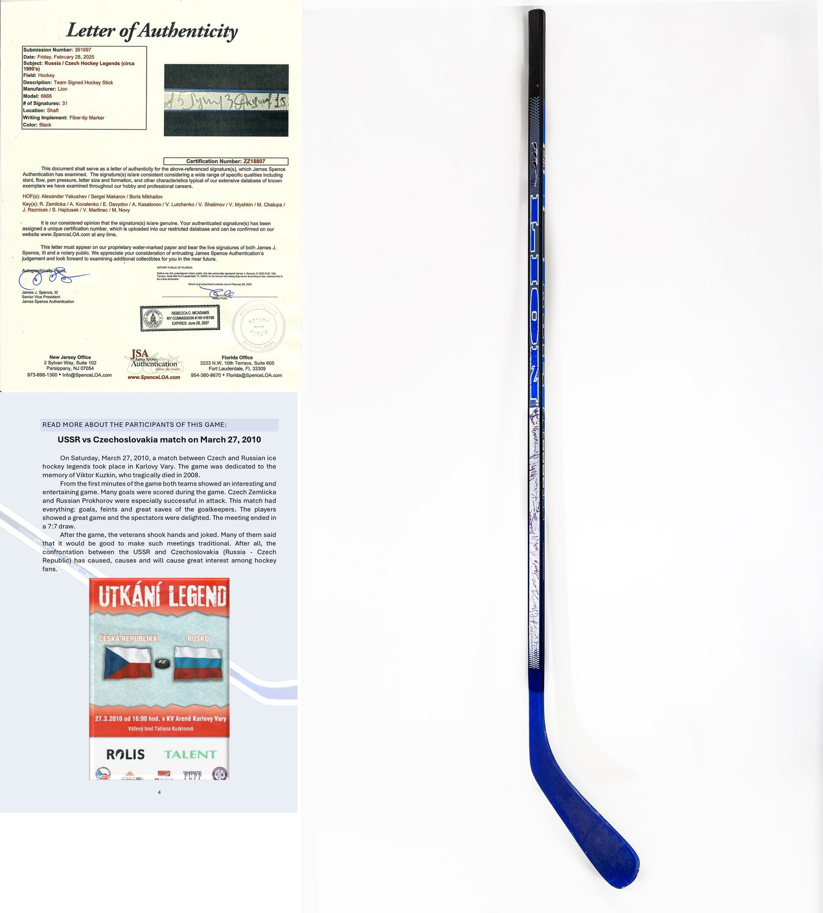 1990 Hockey Stick USSR-Czechoslovakia with Autograph of Hockey Legends Players: Title: Team Signed Hockey Stick Russia-Czech Hockey Legends (years 1990's) # of Signature: 31 Color: Black and Blue Material: Wood Model: