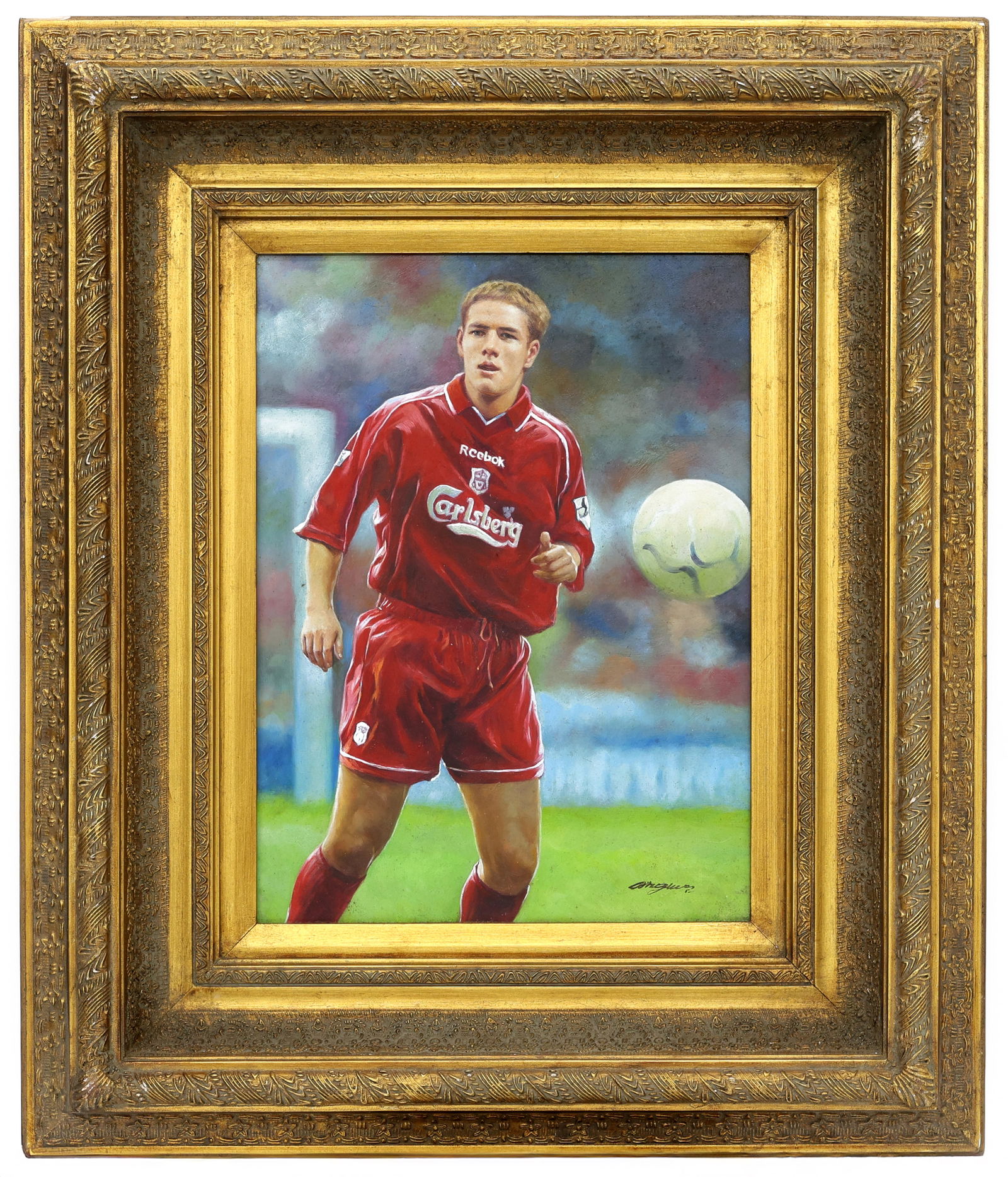 Michael Owen Liverpool Footballer Framed Oil Painting: Title: Michael Owen Liverpool FC Framed Oil Painting Description: Original oil painting by Omar Shelleh depicting Michael Owen in his classic Liverpool FC red Carlsberg-sponsored kit, captured in acti