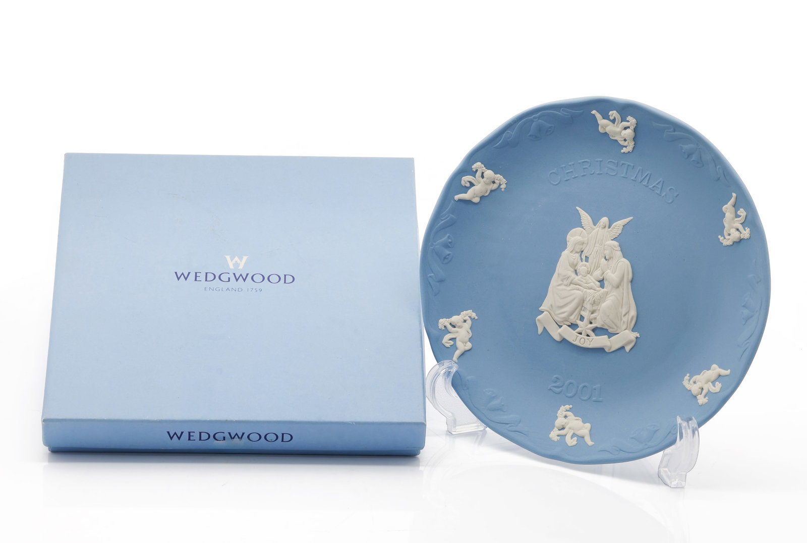 Wedgwood Blue Jasperware Christmas Plate "Joy" 2001: Title: Wedgwood Blue Jasperware Christmas Plate “Joy” Origin: England Year: 2001 Medium: Jasperware stoneware with white relief D