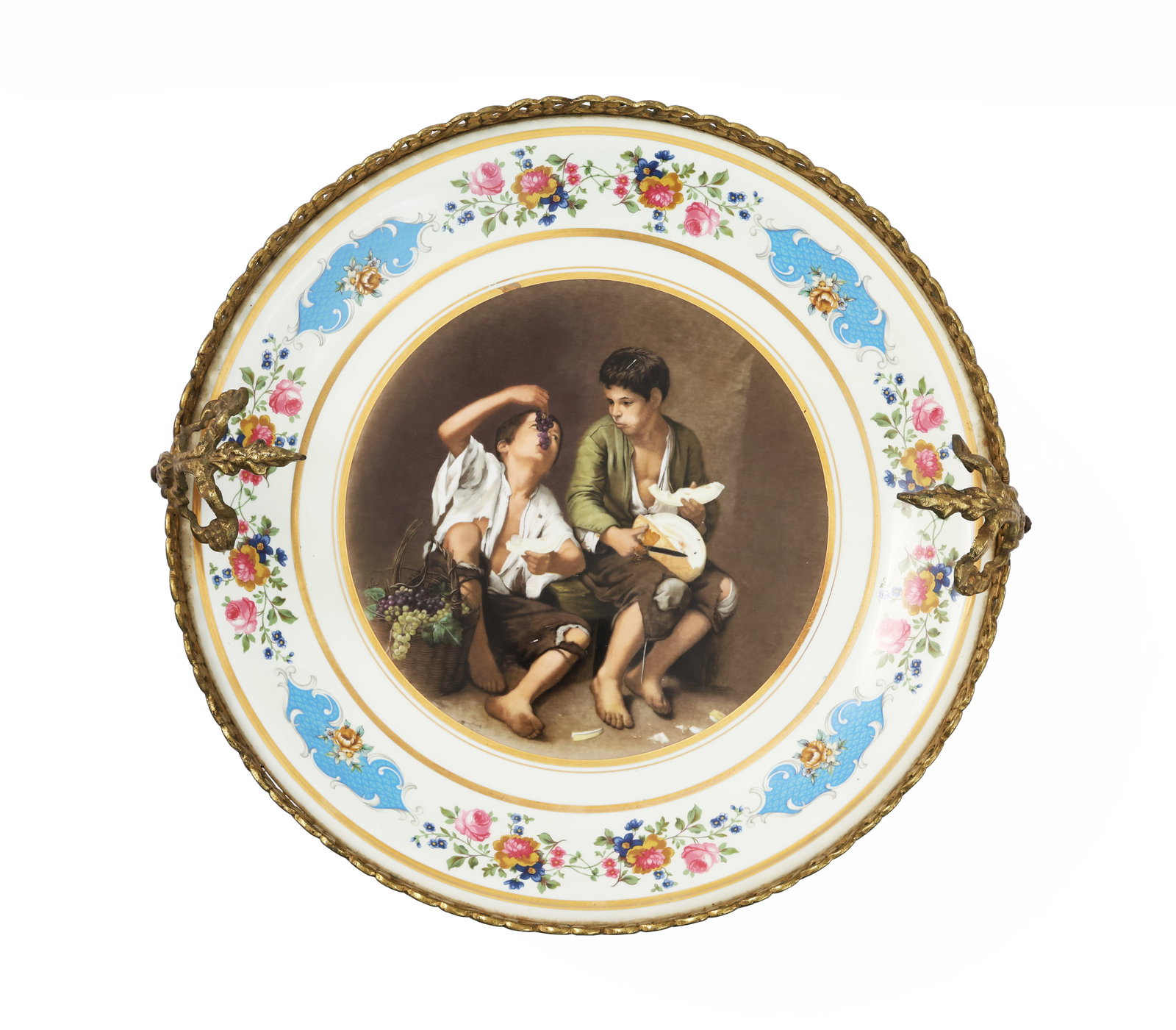 Decorative Porcelain Plate "Beggar Boys Eating Grapes and Melon" Gilt Bronze Stand: Title: Decorative Porcelain Cabinet Plate “Beggar Boys Eating Grapes and Melon” in Gilt Bronze StandMedium: Porcelain with transfer decoration, gilt metal bronze mountDimensions: